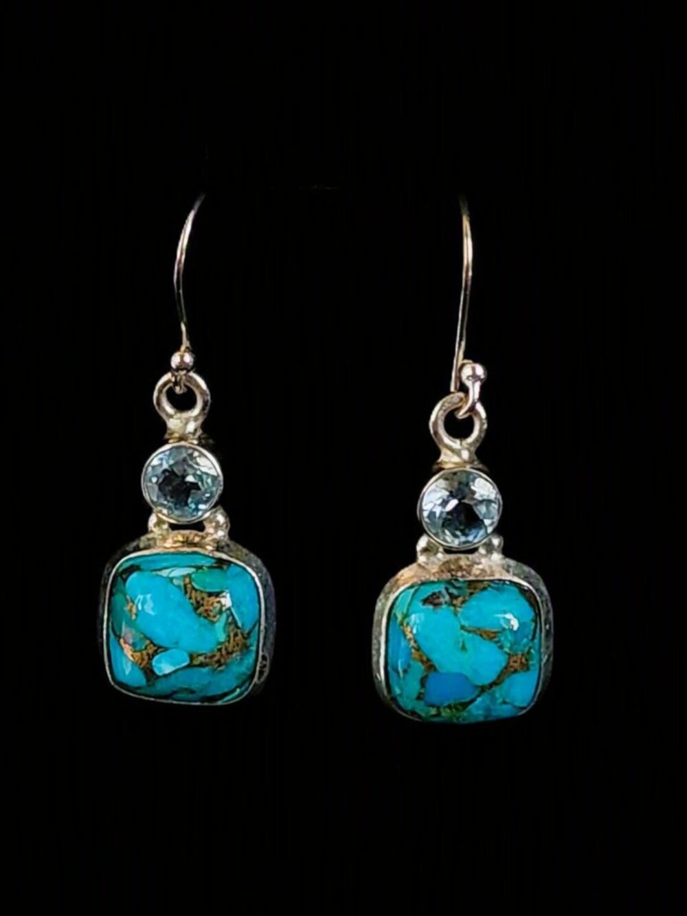 Vintage Y2K Sterling Silver Copper Turquoise & Blue Topaz Shivam Drop Earrings